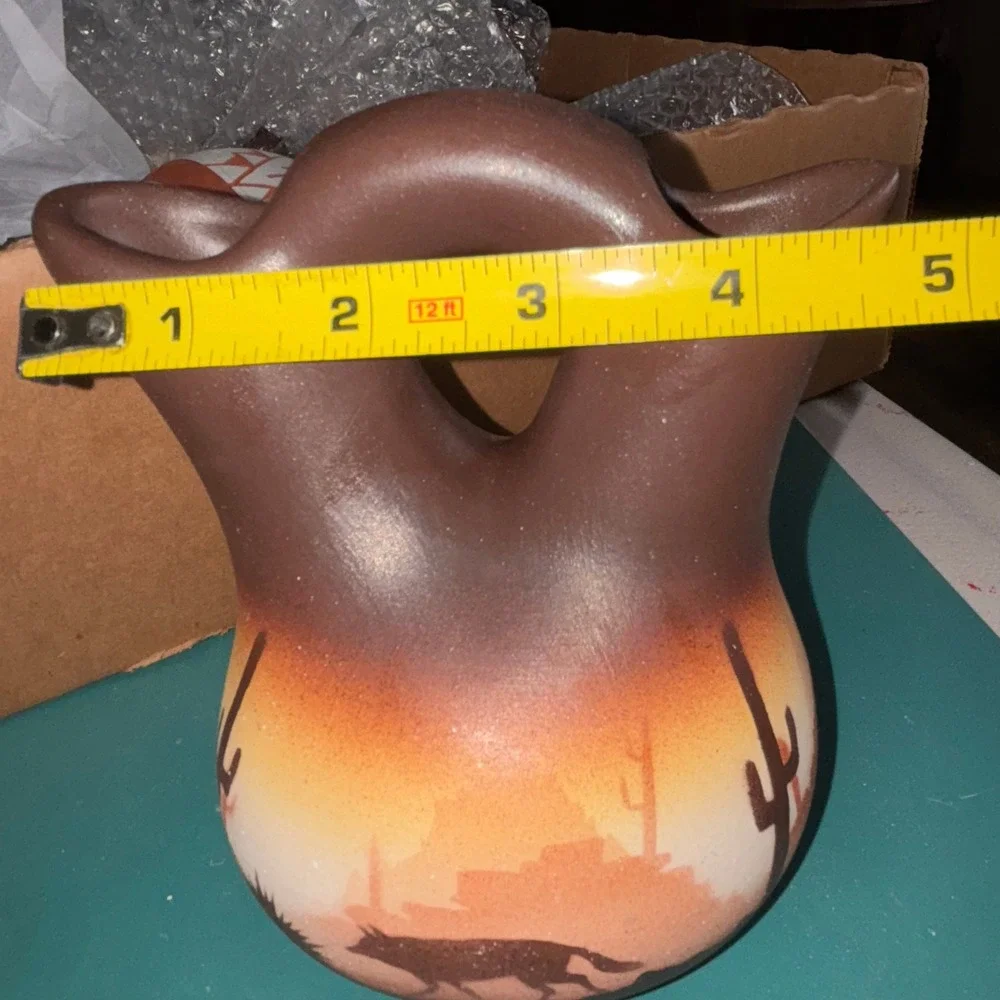 Native American Style Pottery Wedding Vase Southwestern Desert Scene Coyote Moon